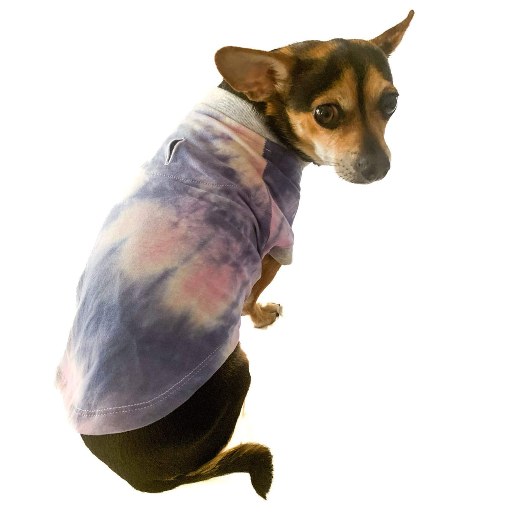 Small Chihuahua mix is shown seated from the back wearing pastel tie-dye dog tshirt. This eco-friendly features super soft light grey rib trim at the neck and sleeve openings for the dog's comfort. It also shows buttonhole for harness attachment at center back.