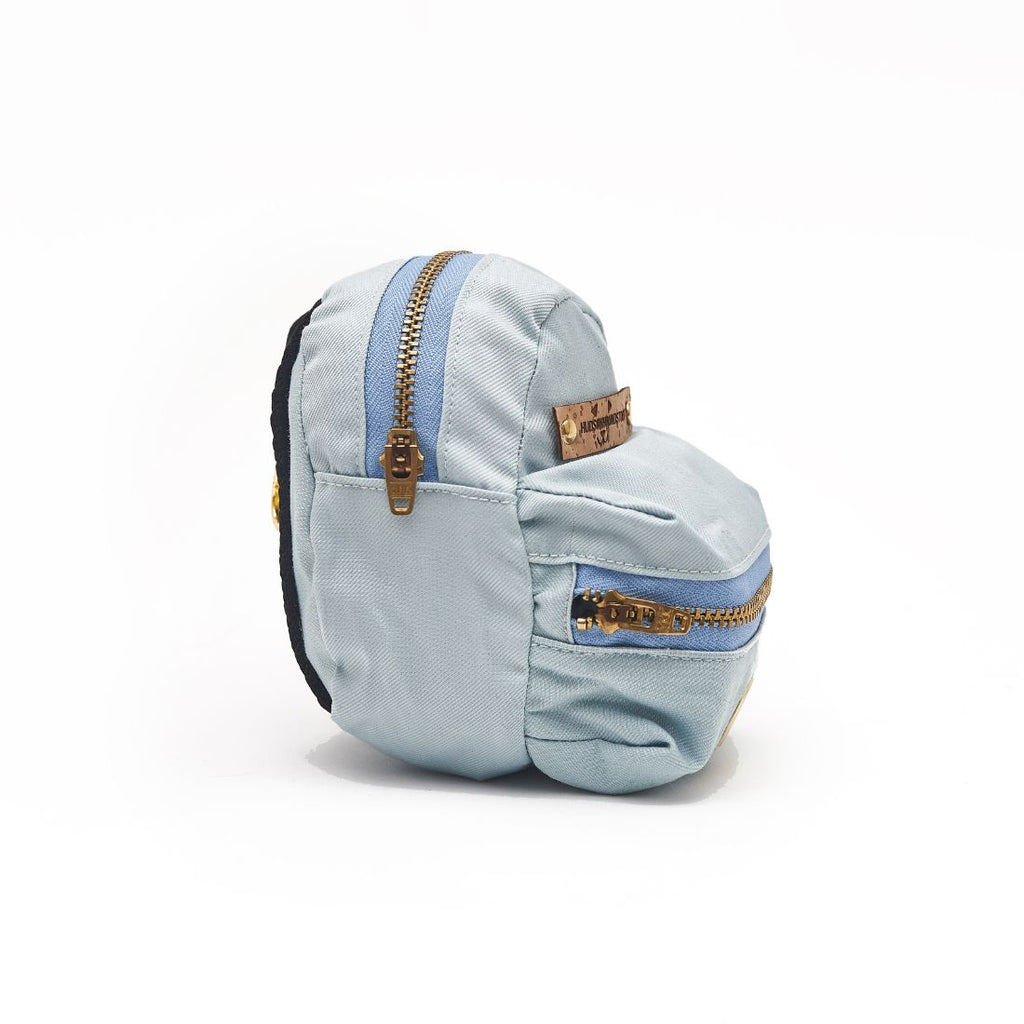 Photo shows side view of aqua twill dog backpack waste bag and treat dispenser. Backpack shows two functional pockets with peri YKK zippers.